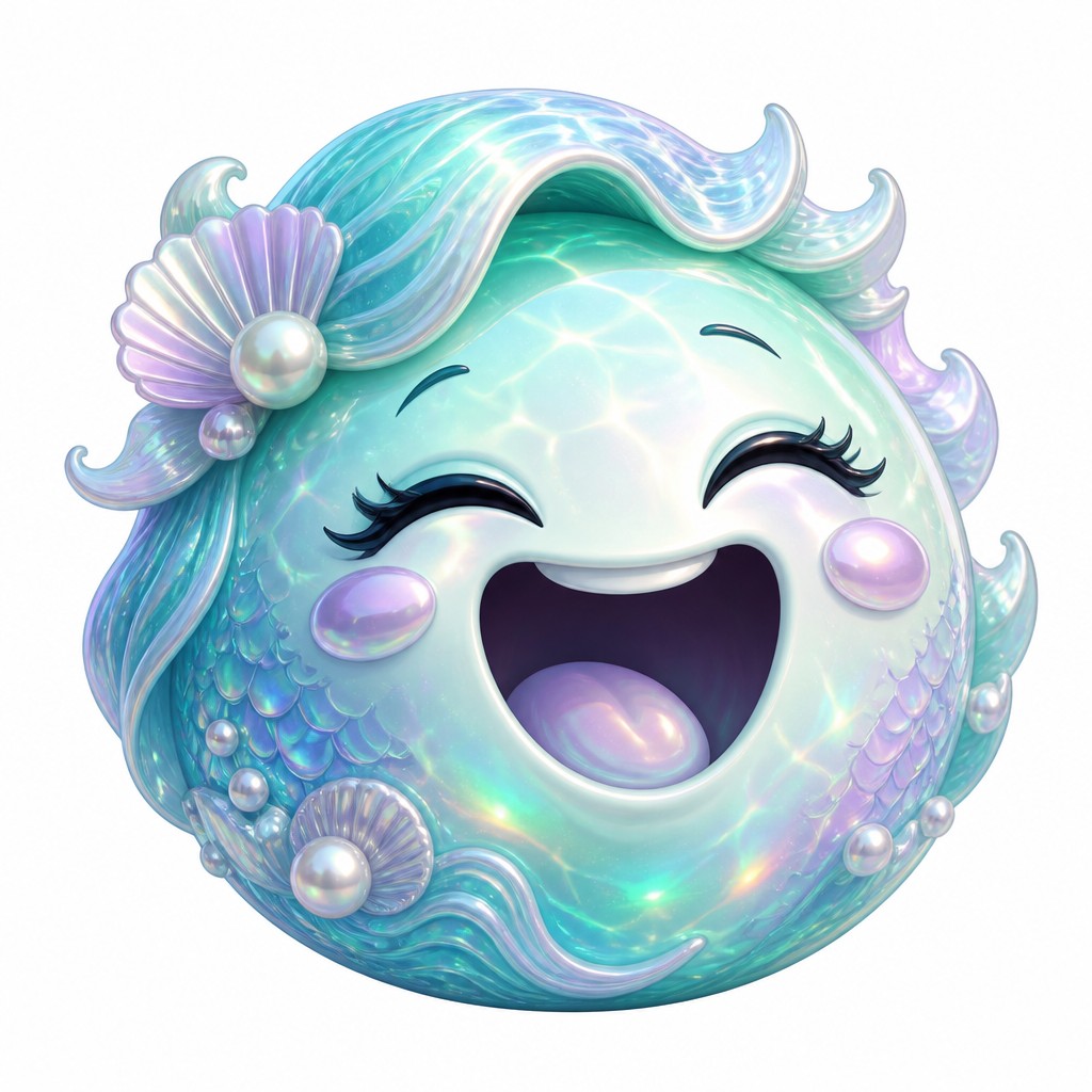 an exaggerated laughing face of an original round mascot character, bold and readable at small size, plain background, no text — Mermaidcore Aesthetic Twitch emote