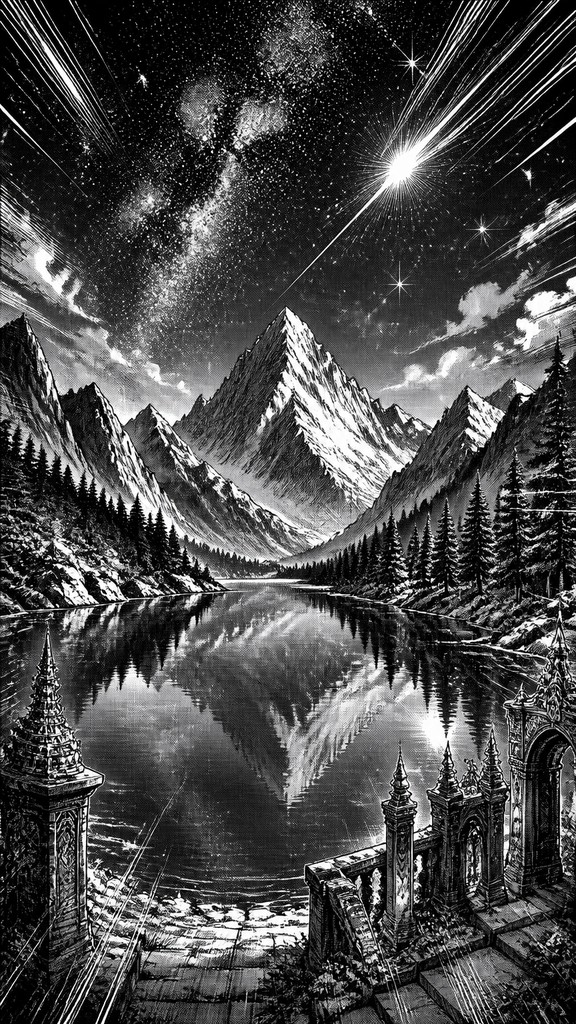 a tranquil mountain lake beneath a starry night sky, no people, no text — Fantasy Adventure Manga Art Style phone wallpaper