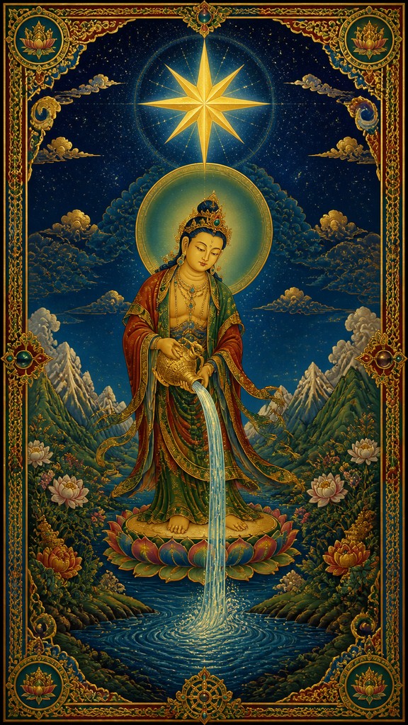 a robed figure pouring water beneath a large eight-pointed star in a night sky, symmetrical composition with an ornate decorative border, no text — Buddhist Religious Art tarot card
