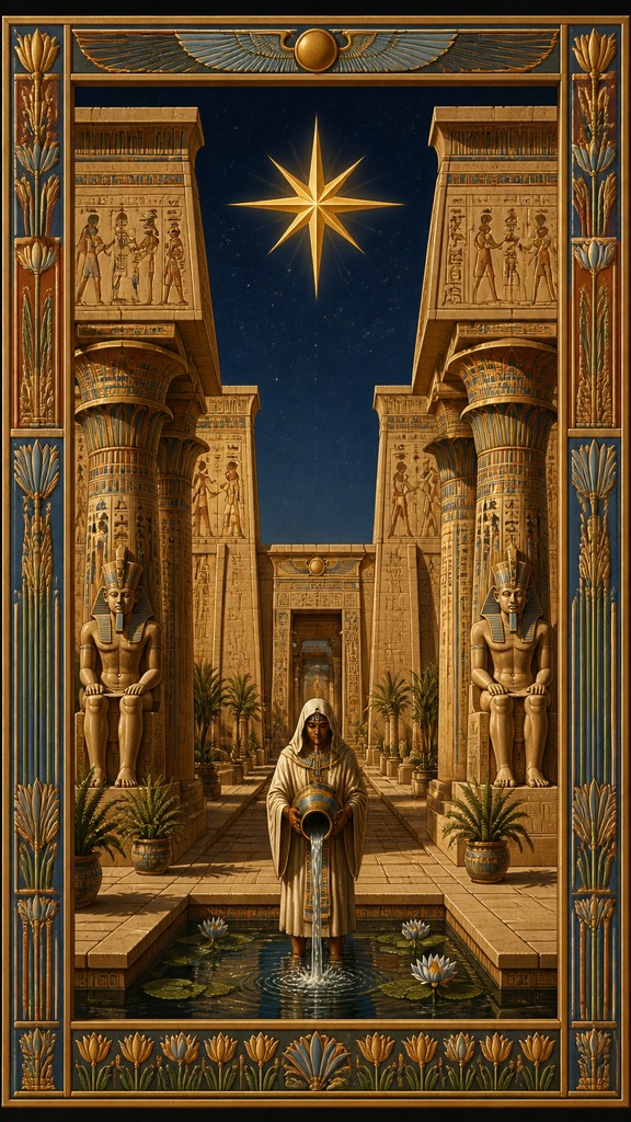 a robed figure pouring water beneath a large eight-pointed star in a night sky, symmetrical composition with an ornate decorative border, no text — Ancient Egyptian Architecture tarot card