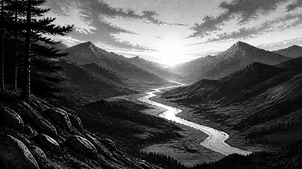 a vast valley with a river winding toward distant mountains at sunrise, no people, no text — Seinen Mature Manga Art Style desktop wallpaper