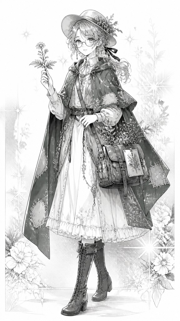 full-body original character: a wandering botanist with a satchel of plants, a patched green cloak, tall boots and round glasses, neutral background — Shoujo Romance Manga Art Style character design