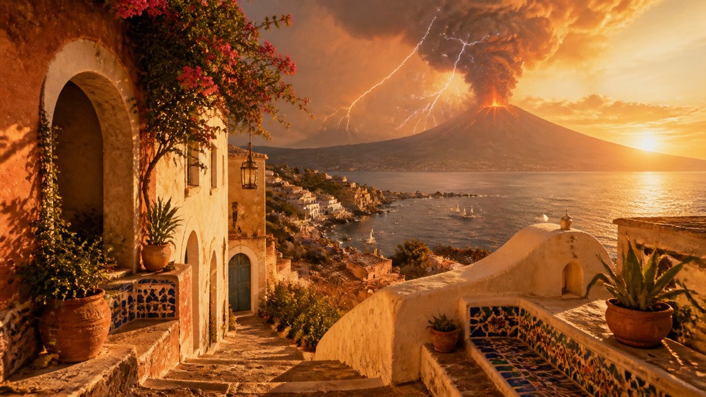an erupting volcano with lightning strikes, dramatic wide composition, no text — Mediterranean Architecture Art YouTube thumbnail