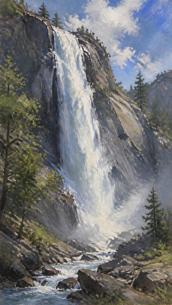 towering waterfall cascading down a cliff — Plein Air Realism Art Style