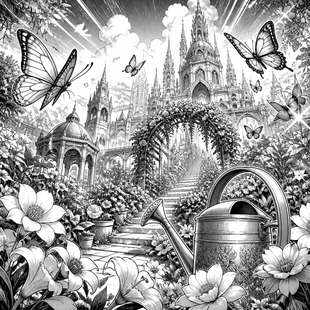 a garden scene with butterflies, flowers and a watering can, clean uncolored line art, no text — Fantasy Adventure Manga Art Style coloring page