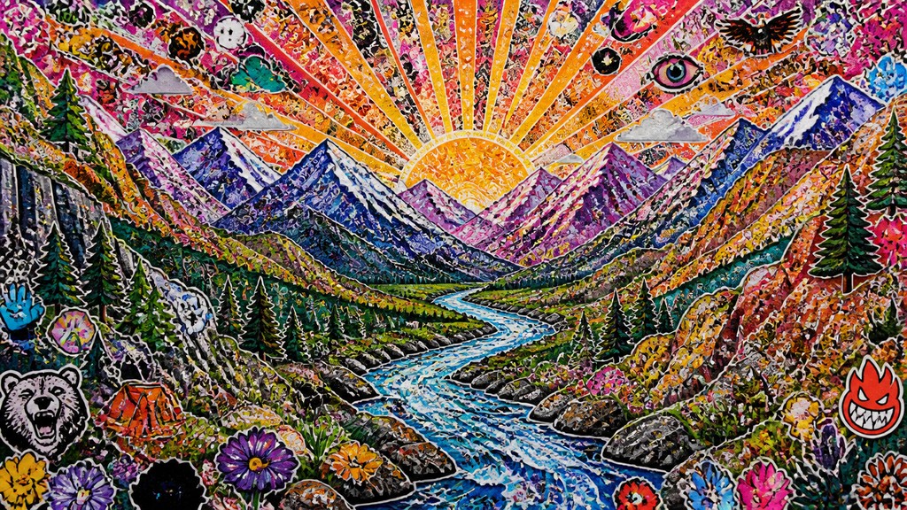 a vast valley with a river winding toward distant mountains at sunrise, no people, no text — Sticker Bomb Street Art Style desktop wallpaper