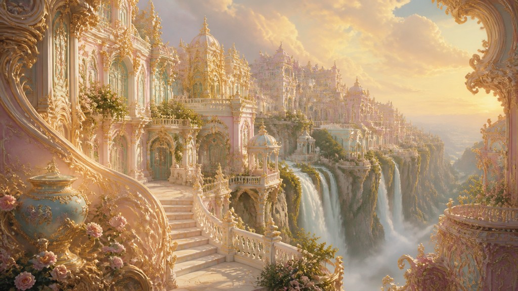 a cliffside city with waterfalls cascading into a misty canyon, wide establishing shot, no people, no text — Rococo Classical Art Style concept art