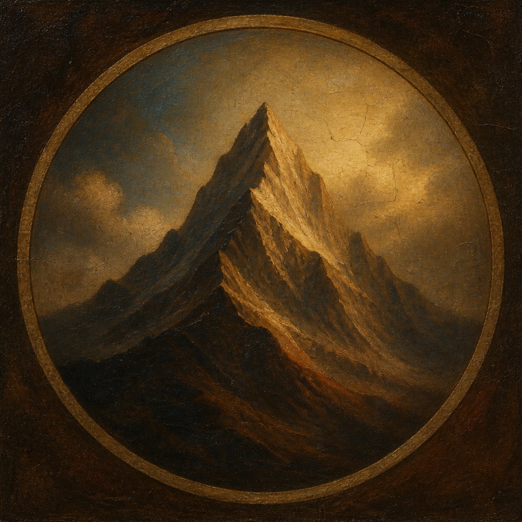 an emblem of a mountain peak inside a circle, simple bold shapes on a plain background, no text or lettering — Renaissance Classical Art Style logo concept