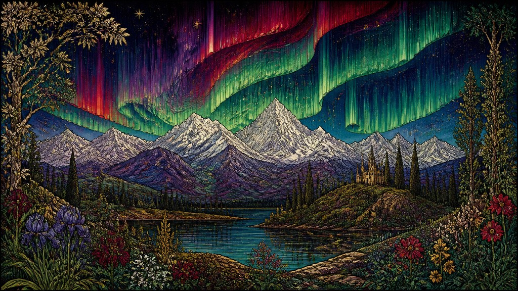 a flowing aurora over snowy peaks, wide sweeping composition, no people, no text — Pre-Raphaelite Art Style banner