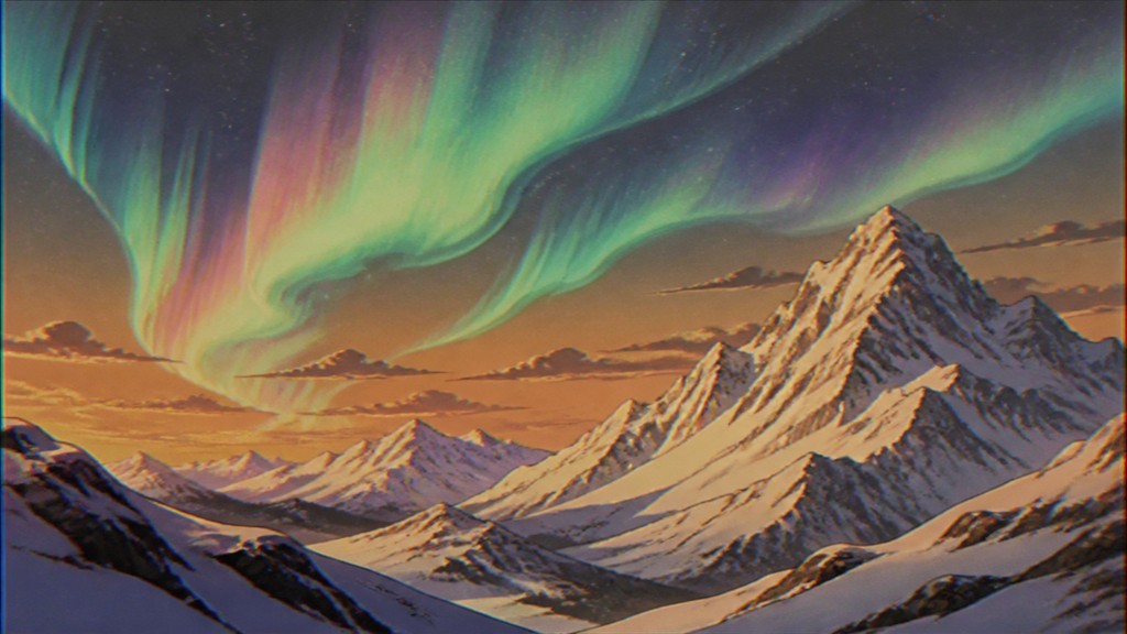 a flowing aurora over snowy peaks, wide sweeping composition, no people, no text — Vintage Retro Anime Art Style banner