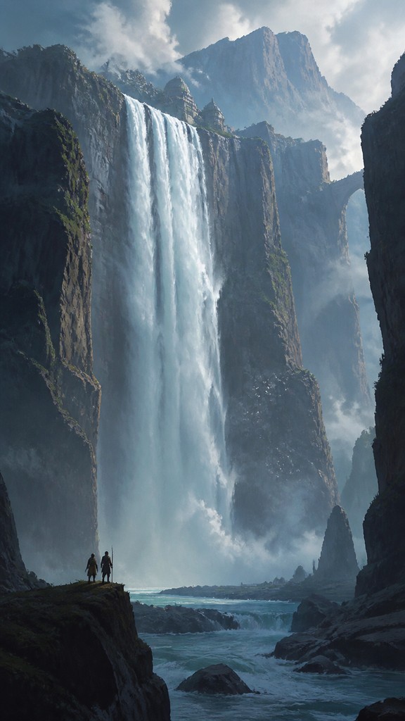 towering waterfall cascading down a cliff — Concept Art Style