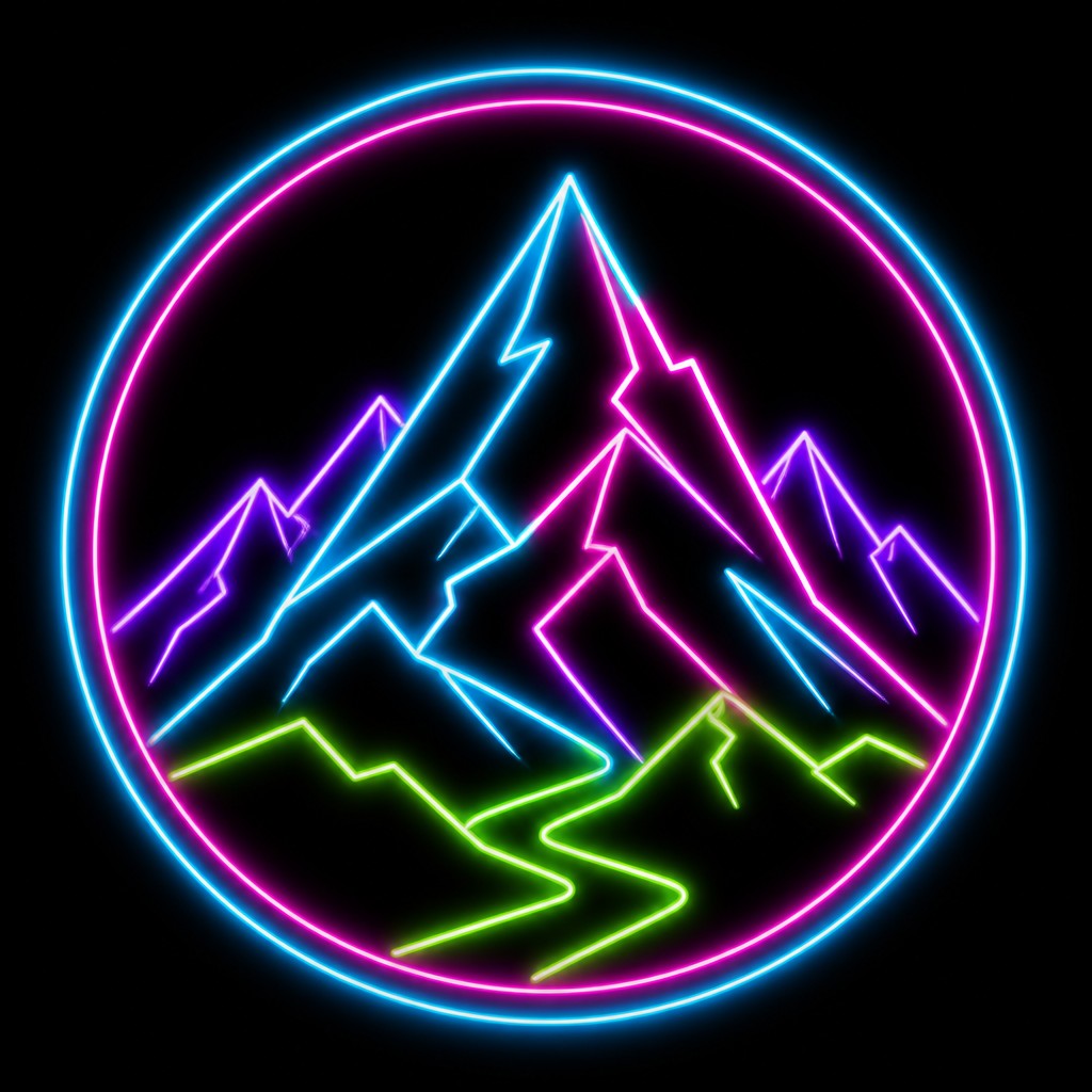 an emblem of a mountain peak inside a circle, simple bold shapes on a plain background, no text or lettering — Neon Outline Style logo concept