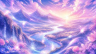 a vast valley with a river winding toward distant mountains at sunrise, no people, no text — Magical Girl Anime Art Style wallpaper