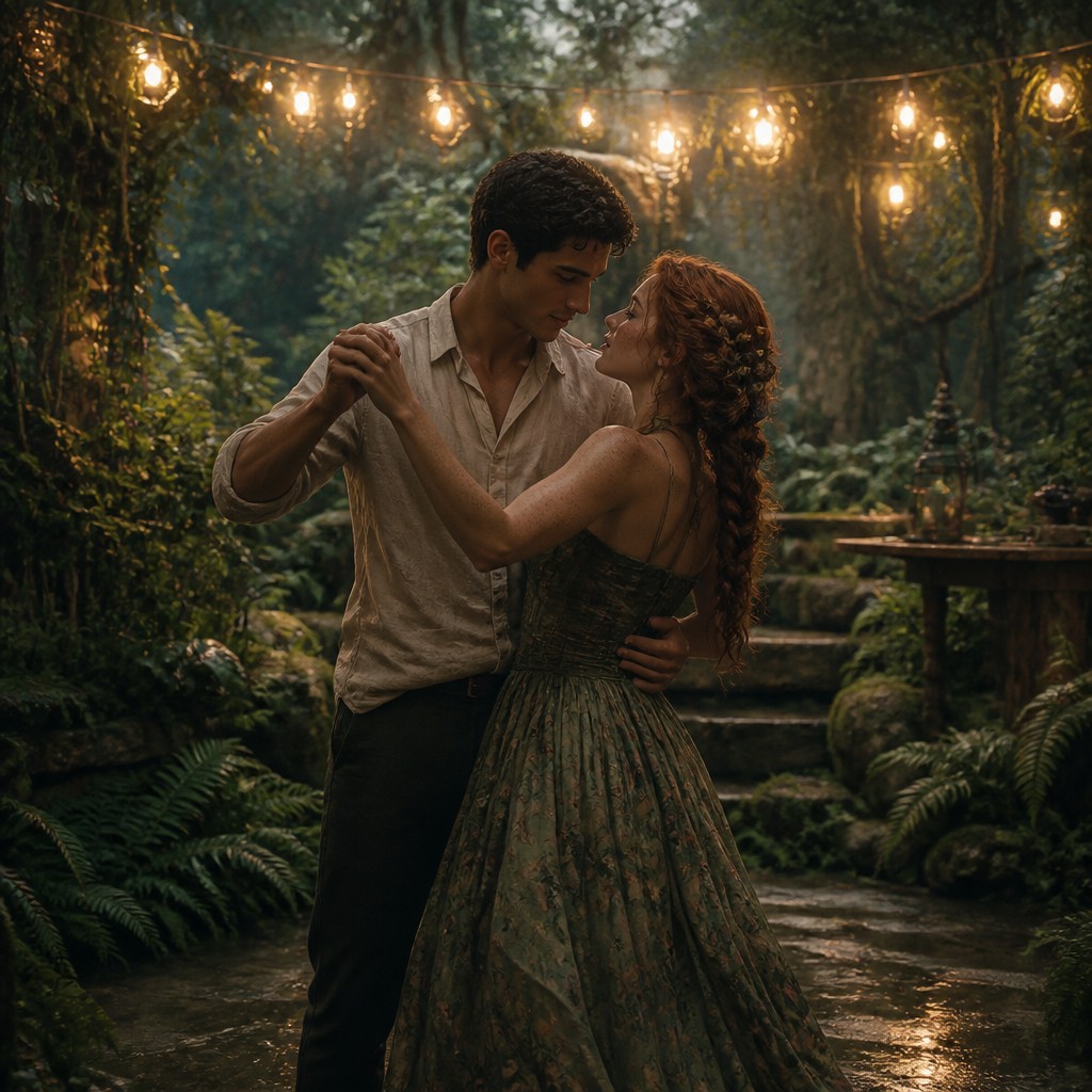 an original couple dancing under string lights in a garden at dusk: a man with short black hair in a linen shirt and a woman with braided red hair in a summer dress — Forestcore Aesthetic couple portrait