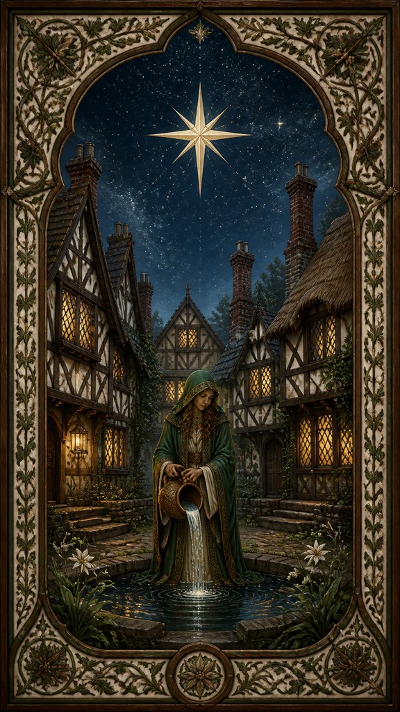 a robed figure pouring water beneath a large eight-pointed star in a night sky, symmetrical composition with an ornate decorative border, no text — Tudor Architecture Style tarot card