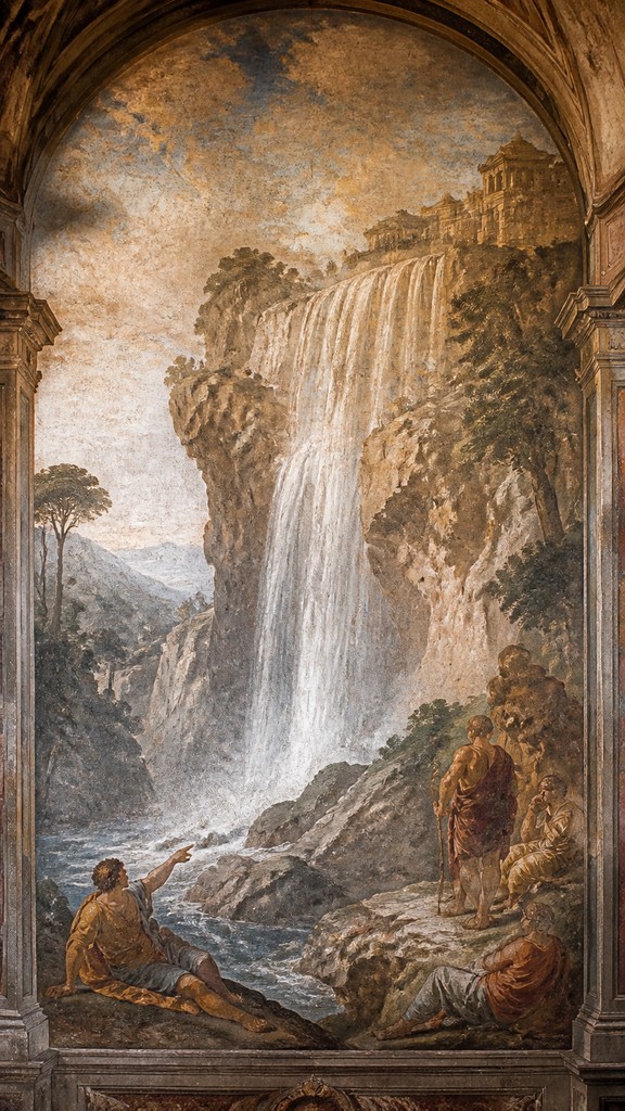towering waterfall cascading down a cliff — Fresco Narrative Renaissance Art Style
