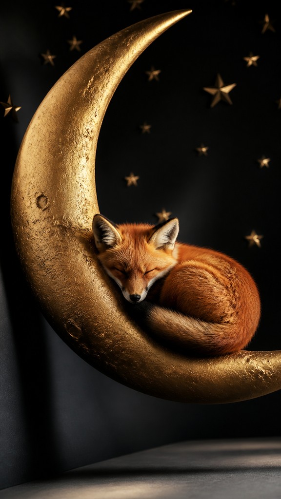 a sleeping baby fox curled on a crescent moon among soft stars, gentle and warm, no text — High Fashion Photography Style baby announcement