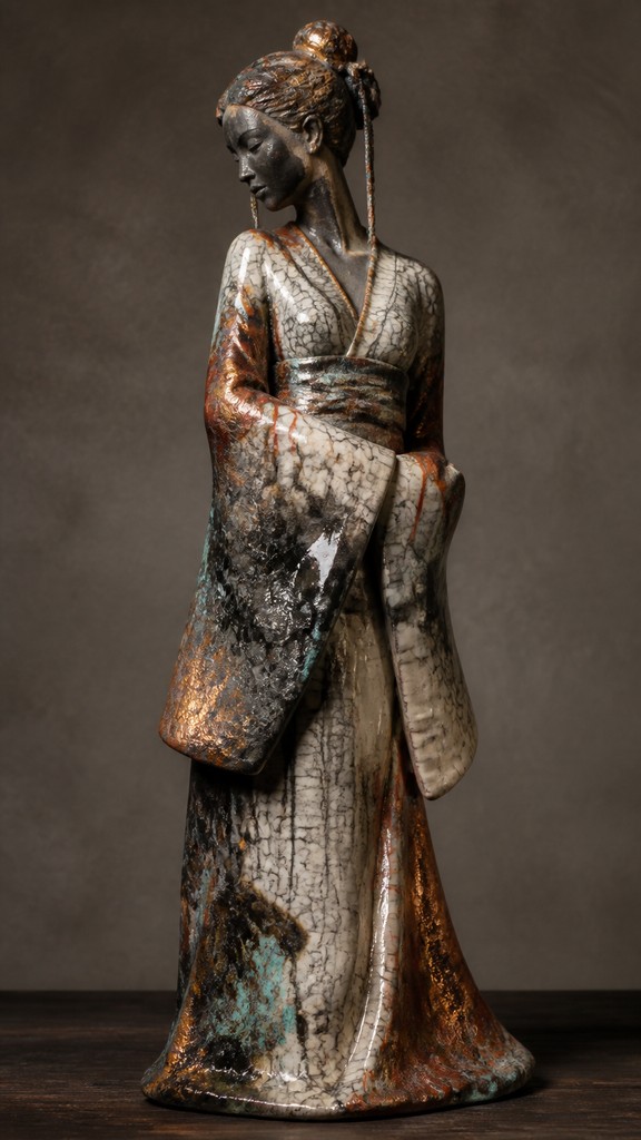 full-length portrait of an elegant figure — Japanese Raku Ceramic Art Style