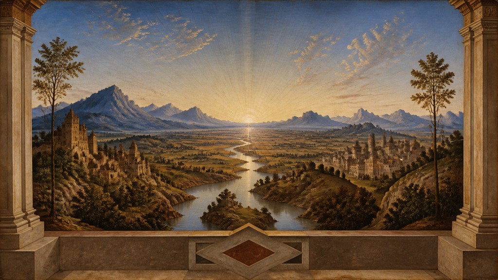 a vast valley with a river winding toward distant mountains at sunrise, no people, no text — Quattrocento Perspective Renaissance Art Style desktop wallpaper