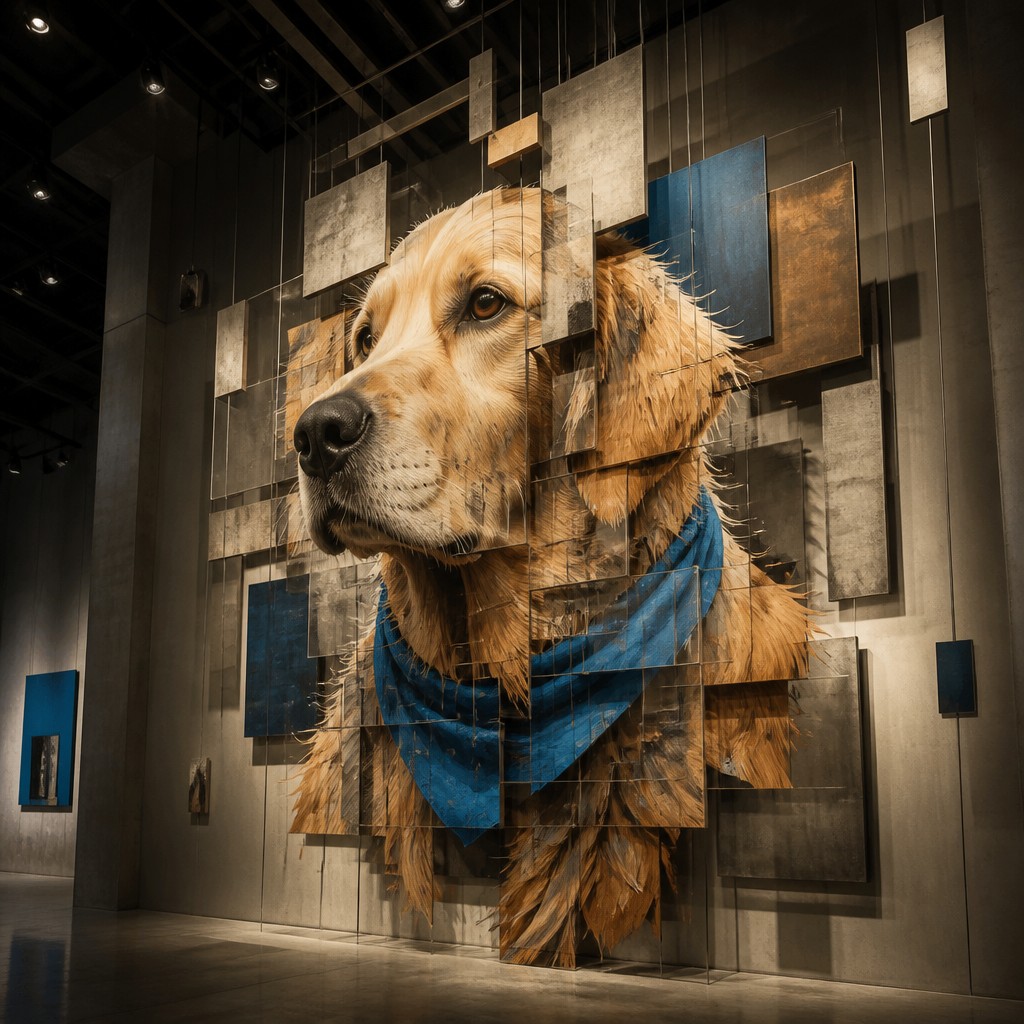 portrait of a golden retriever wearing a blue bandana, warm plain backdrop, no text — Installation Modern Art Style pet portrait
