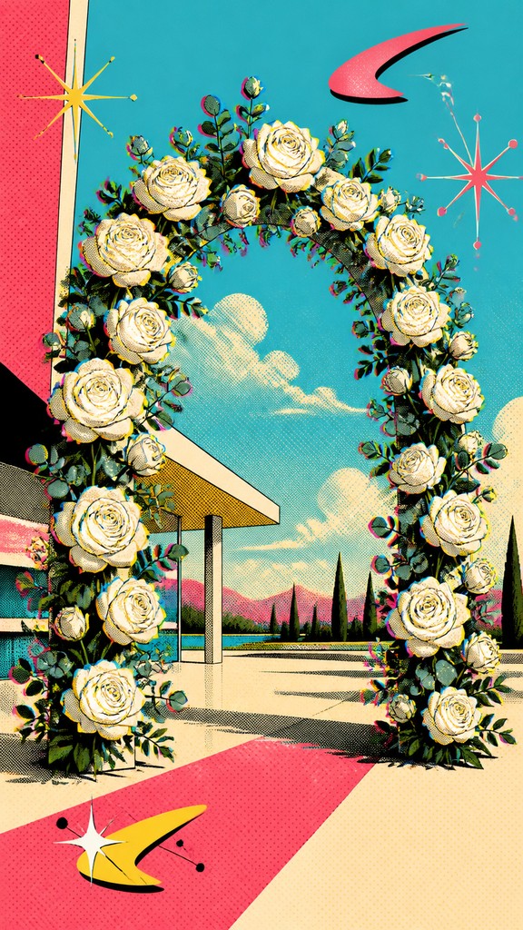 an arch of white roses and eucalyptus in soft morning light, elegant vertical composition with open space, no text — Retro Pop Art Style wedding invitation