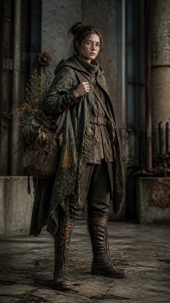 full-body original character: a wandering botanist with a satchel of plants, a patched green cloak, tall boots and round glasses, neutral background — Industrial Interior Design character design