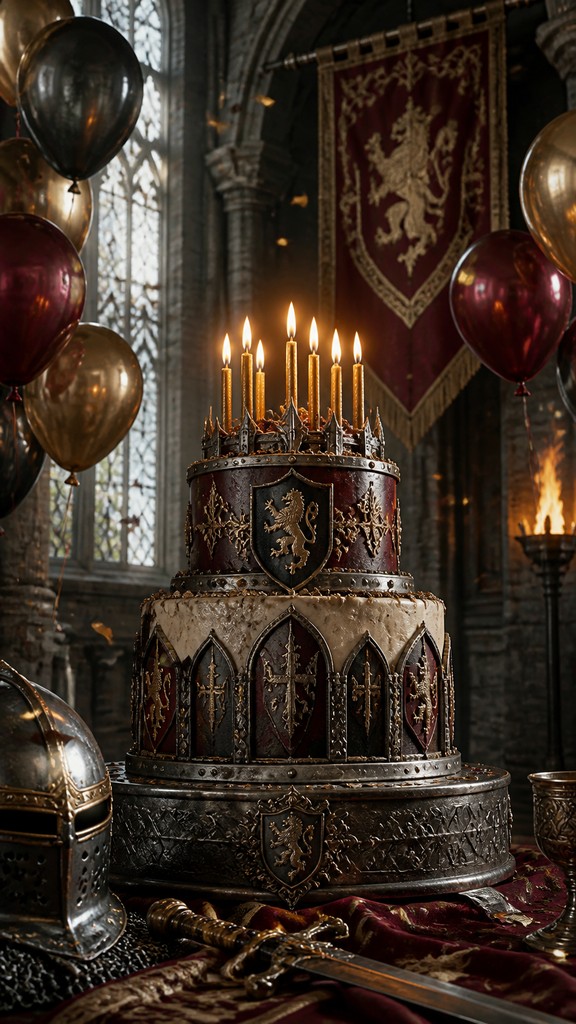 a birthday cake with lit candles surrounded by balloons and confetti, festive vertical composition, no text — Knightcore Aesthetic birthday card