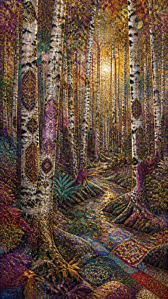 a serene birch forest in soft morning light, no people, no text — Maximalism Art Style wall art print