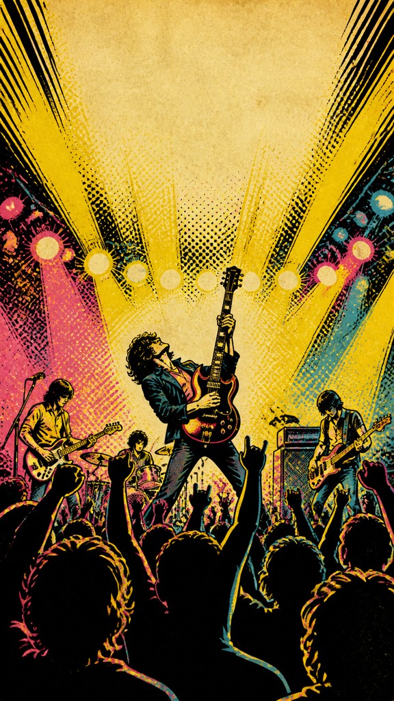 a live music scene with a glowing stage and silhouetted crowd, energetic vertical composition with open space at the top, no text — Retro Comic Art flyer