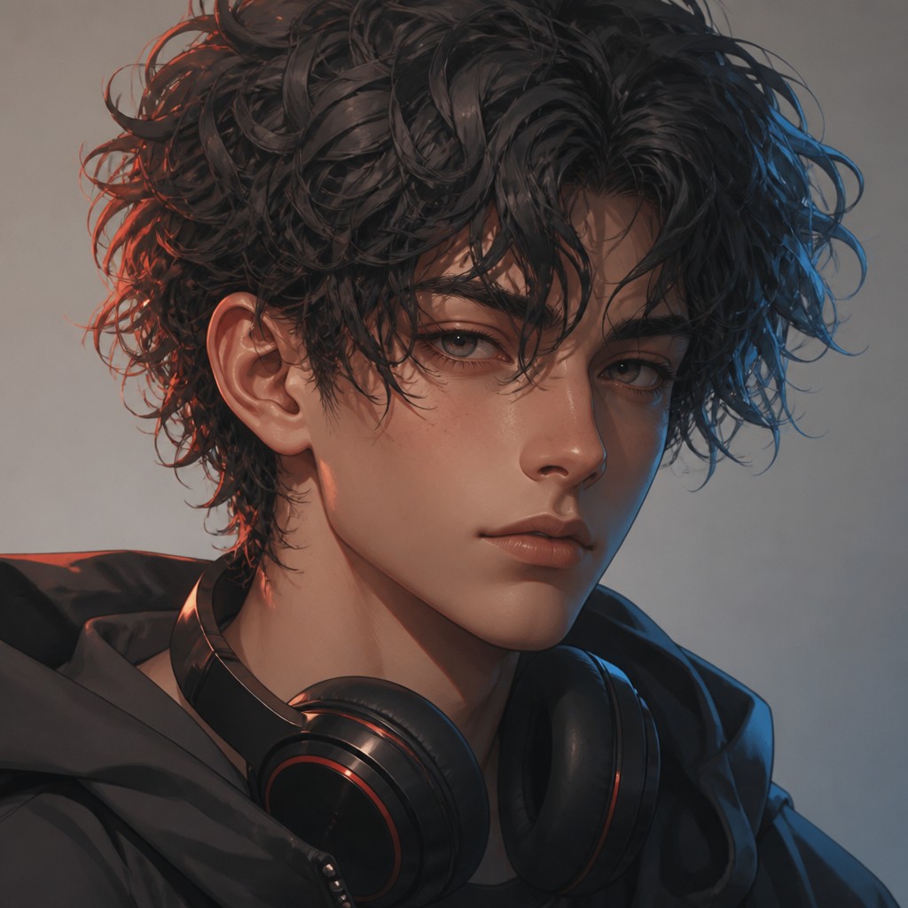 head-and-shoulders portrait of an original character: a young man with curly dark hair and headphones around his neck, plain backdrop, no text — Semi-Realistic Anime Art Style Discord profile picture