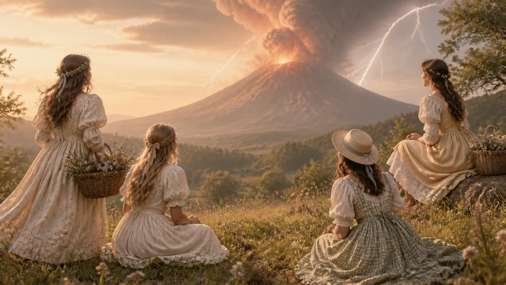 an erupting volcano with lightning strikes, dramatic wide composition, no text — Cottagecore Fashion Style YouTube thumbnail