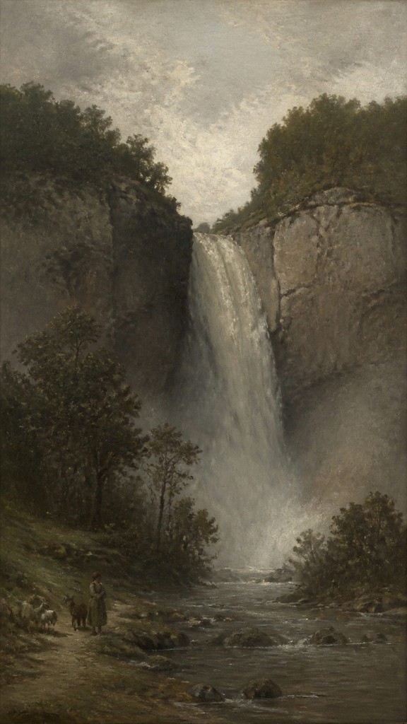 towering waterfall cascading down a cliff — Barbizon School Art Style