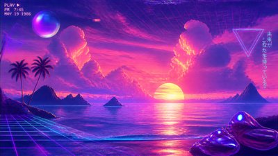 a panoramic ocean horizon with towering clouds at golden hour, no people — Vaporwave Art Style wallpaper