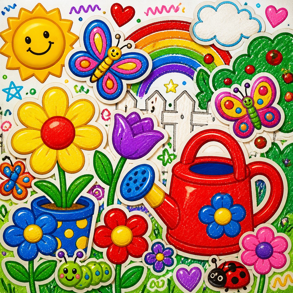 a garden scene with butterflies, flowers and a watering can, clean uncolored line art, no text — Kidcore Aesthetic coloring page