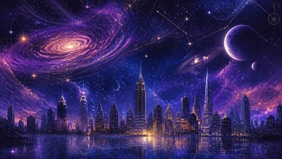 a city skyline panorama at dusk with glowing windows, no people — Spacecore Aesthetic wallpaper