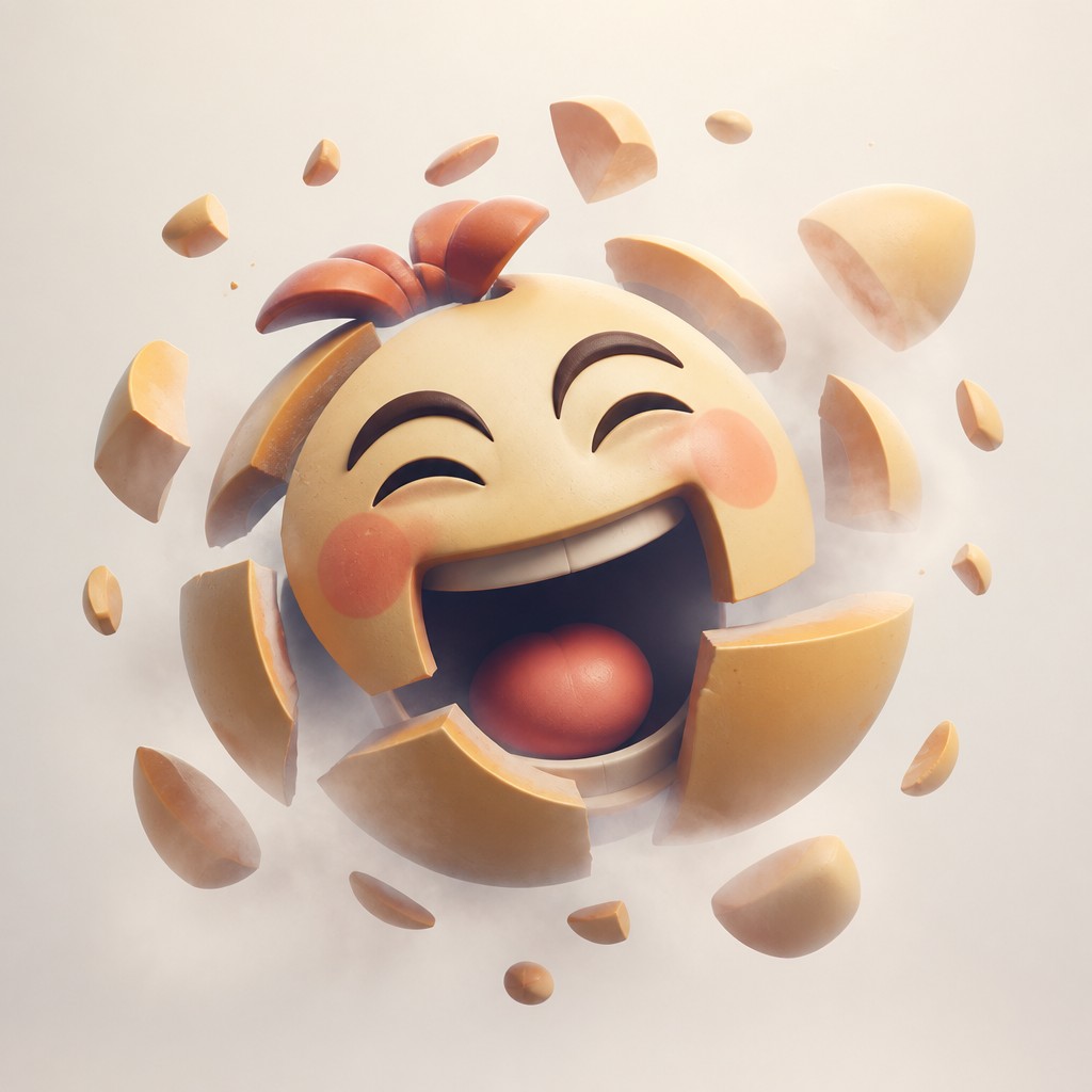 an exaggerated laughing face of an original round mascot character, bold and readable at small size, plain background, no text — Floating Islands Twitch emote