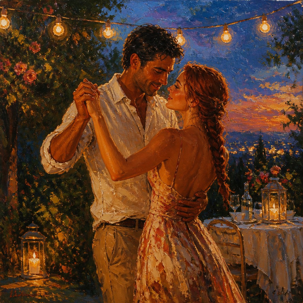 an original couple dancing under string lights in a garden at dusk: a man with short black hair in a linen shirt and a woman with braided red hair in a summer dress — Oil Portrait Art Style couple portrait