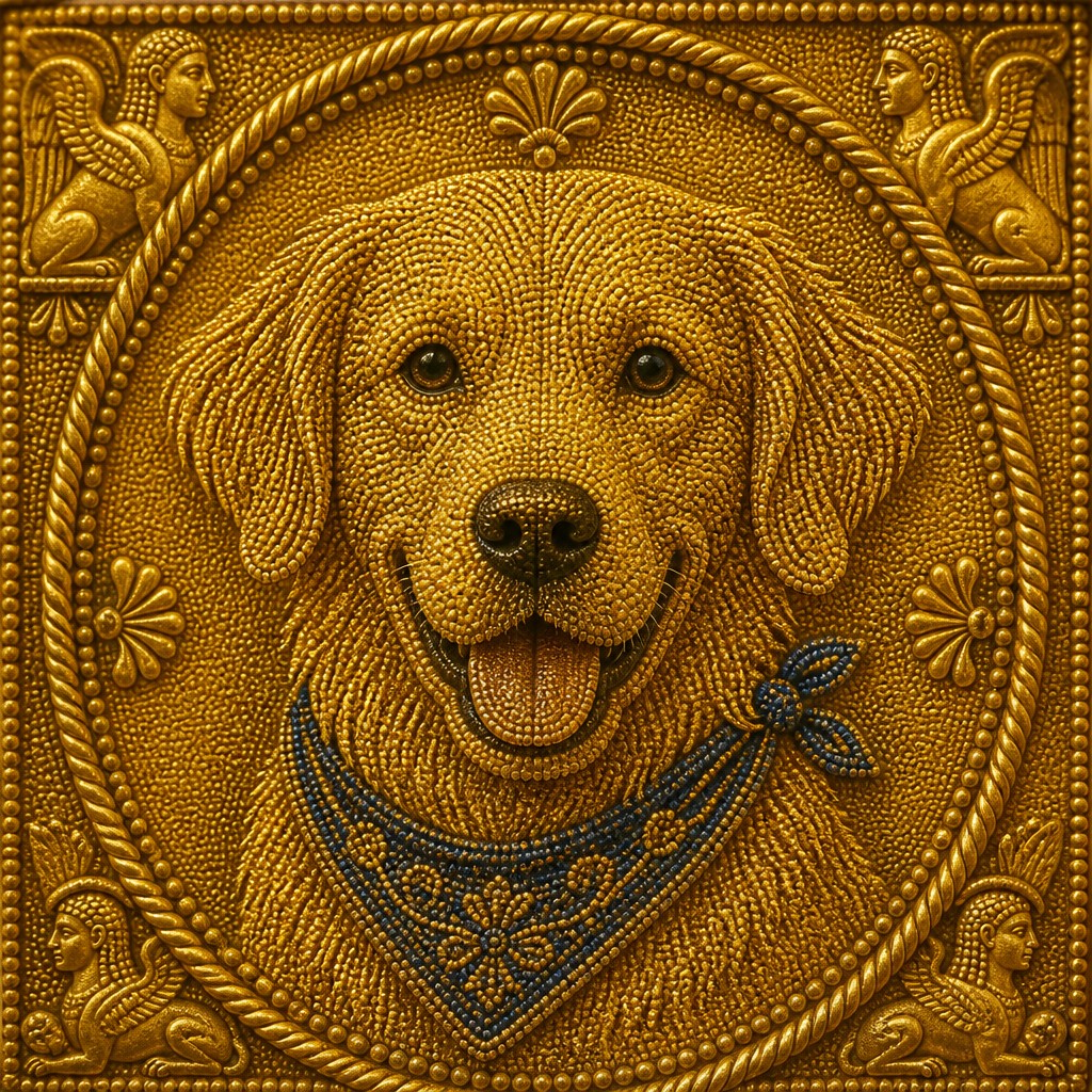 portrait of a golden retriever wearing a blue bandana, warm plain backdrop, no text — Etruscan Granulation Jewelry Style pet portrait
