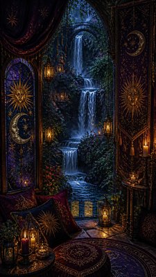 a cascading waterfall in a lush green gorge, no people — Whimsigoth Aesthetic wallpaper