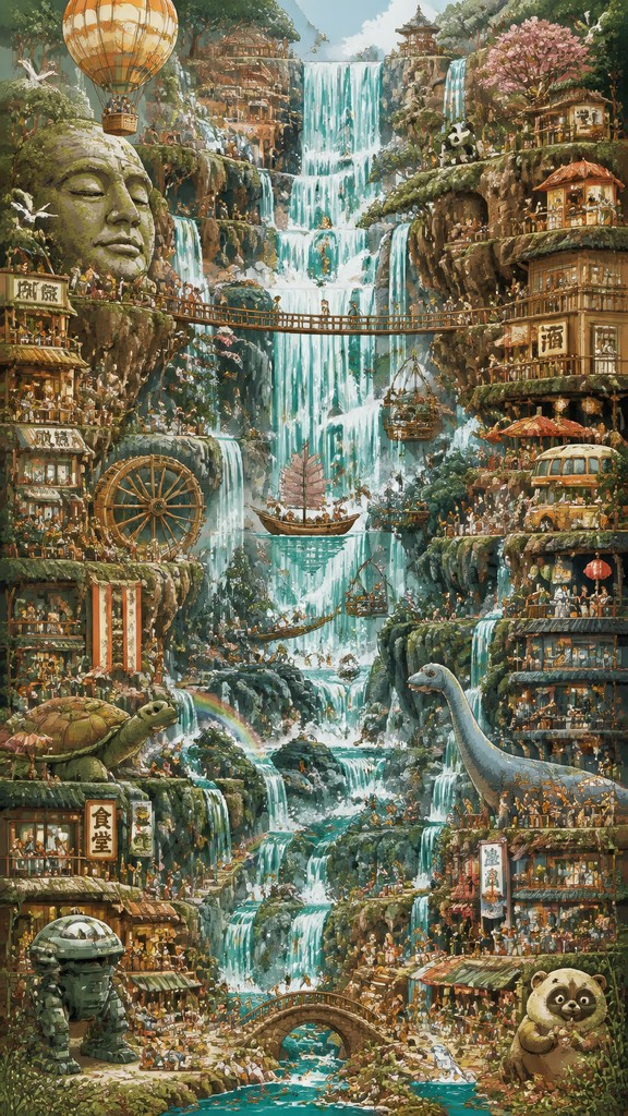 towering waterfall cascading down a cliff — Maximal Variety Art Style