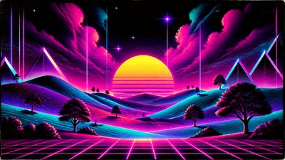 rolling hills with scattered trees under a big dramatic sky, no people — 80s Retro Aesthetic wallpaper