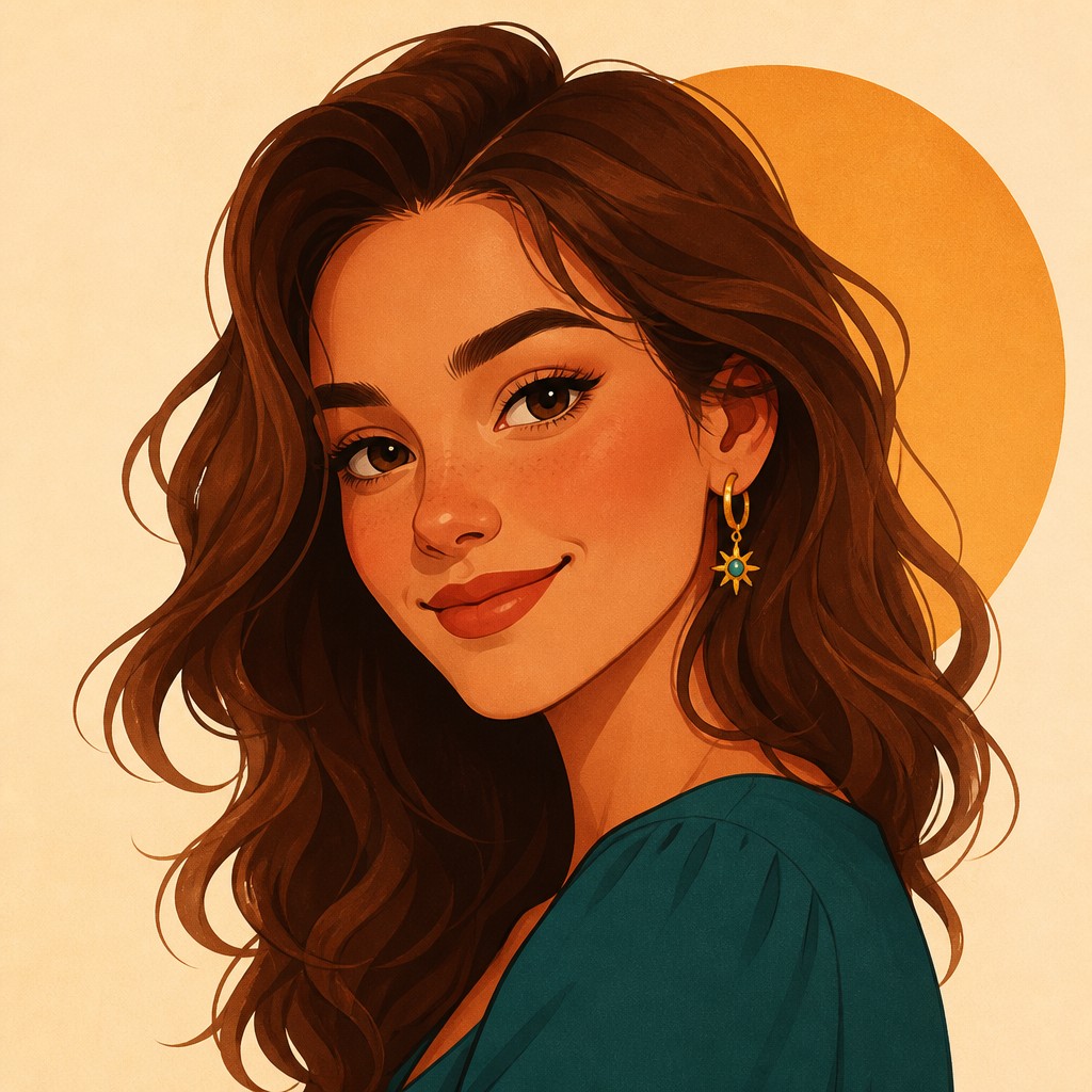 head-and-shoulders portrait of an original character: a young woman with wavy chestnut hair and a warm smile, plain soft backdrop — Digital Illustration Portrait Style profile picture