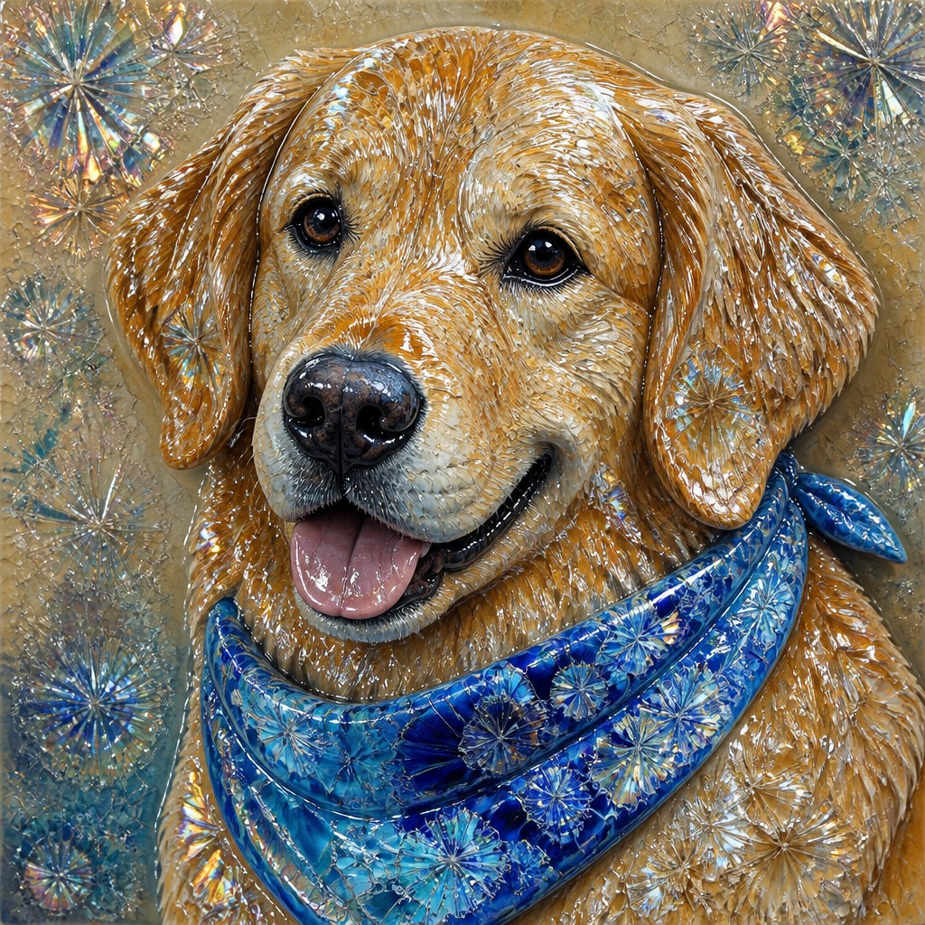 portrait of a golden retriever wearing a blue bandana, warm plain backdrop, no text — Crystalline Glaze Ceramic Art Style pet portrait