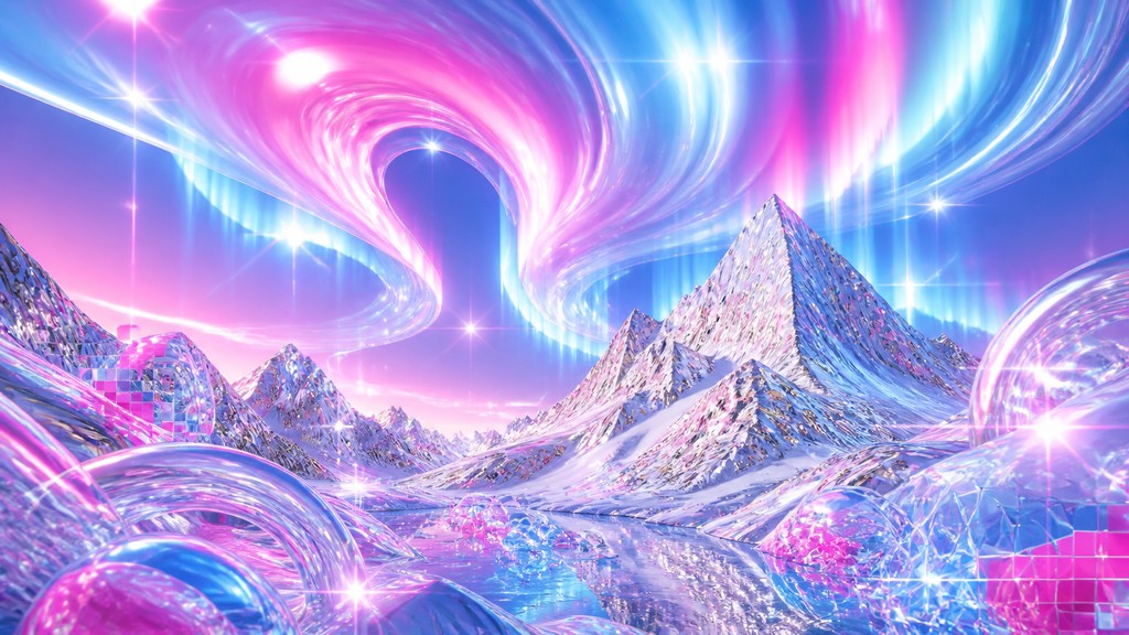 a flowing aurora over snowy peaks, wide sweeping composition, no people, no text — Y2K Aesthetic banner