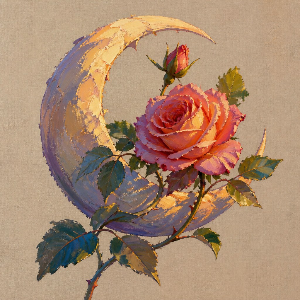 a rose entwined with a crescent moon, clean balanced composition on a plain background, no text — Plein Air Landscape Art Style tattoo design