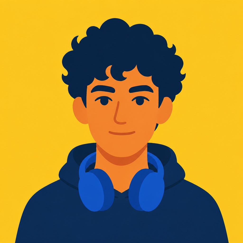 head-and-shoulders portrait of an original character: a young man with curly dark hair and headphones around his neck, plain backdrop, no text — Flat Icon Design Discord profile picture