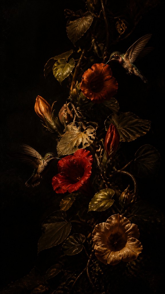 a climbing vine of flowers and hummingbirds on a dark background, tall wrapping composition, no text — Caravaggio Realism Baroque Art Style phone case design