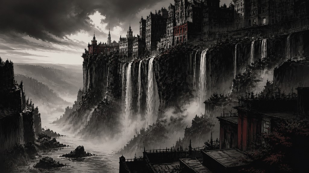a cliffside city with waterfalls cascading into a misty canyon, wide establishing shot, no people, no text — Graphic Novel Art concept art