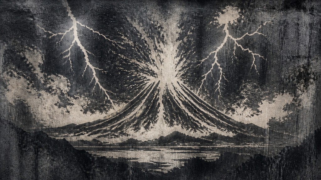 an erupting volcano with lightning strikes, dramatic wide composition, no text — Reverse Graffiti Street Art Style YouTube thumbnail