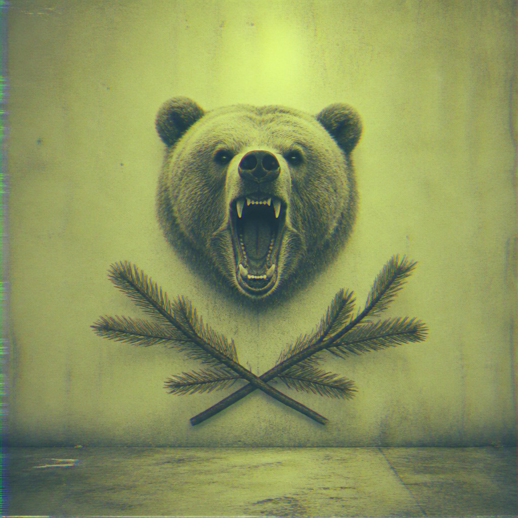 a roaring bear head above crossed pine branches, bold graphic composition on a plain background, no text — Creepy Liminal Art Style t-shirt design